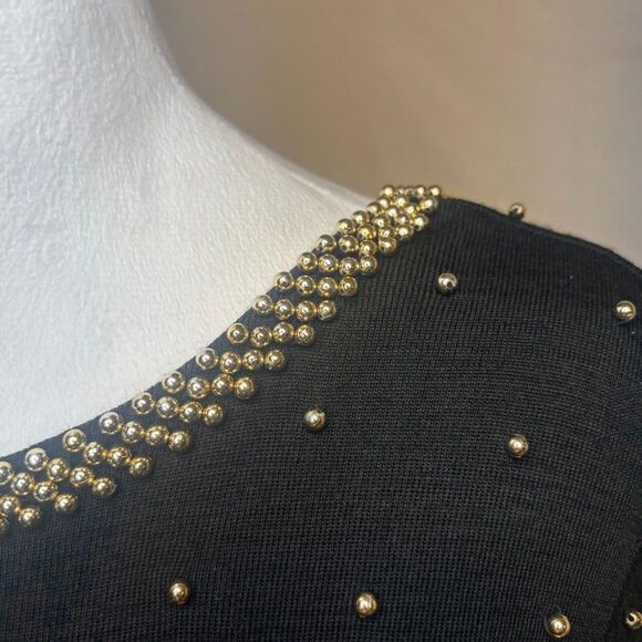 Vintage Et Al Beaded Wool Open V Back Black Dress Long Sleeve Uptown Gold - Picture 7 of 9